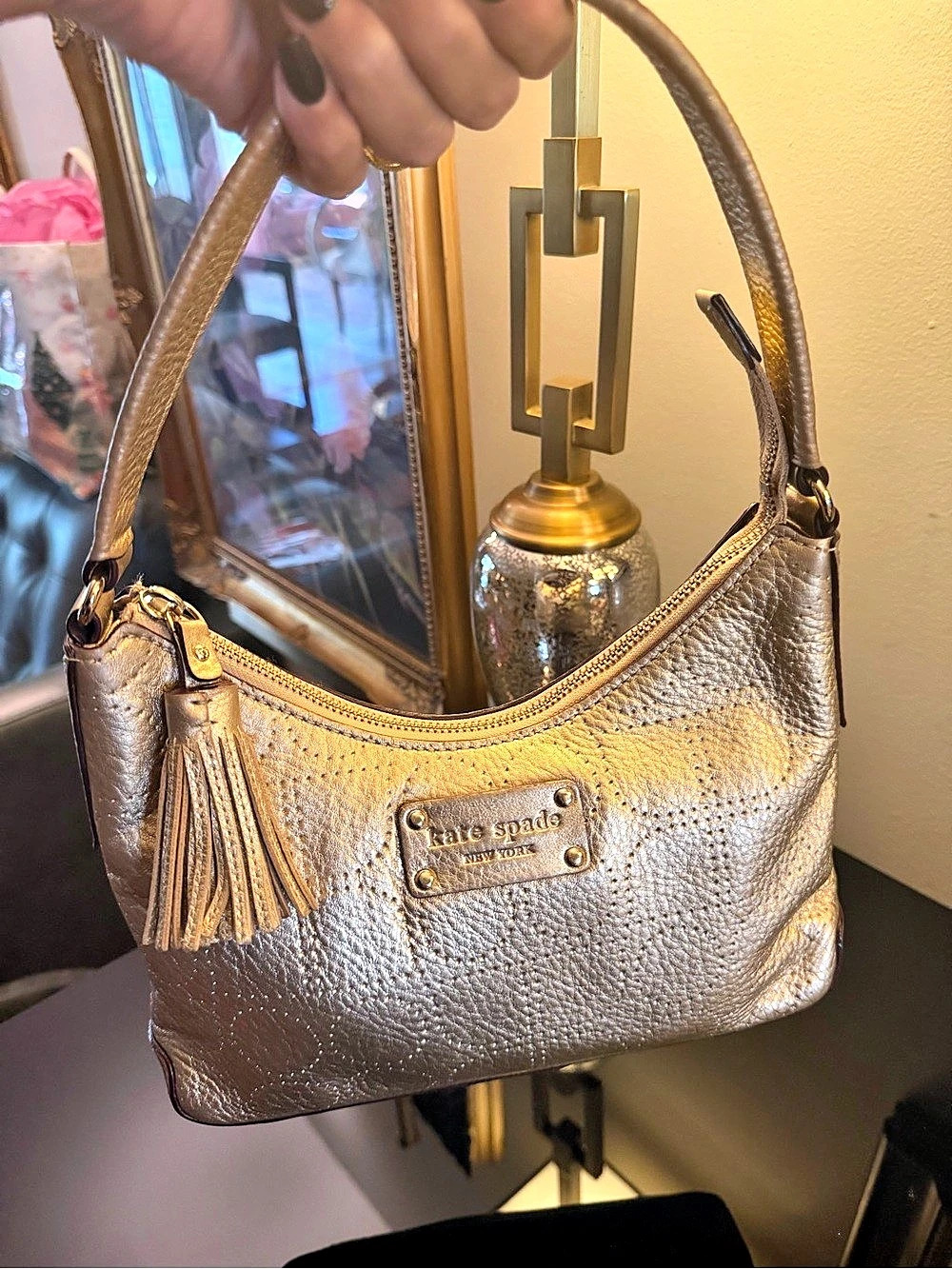 Kate Spade Metallic Gold leather tassel Shoulder Bag EUC